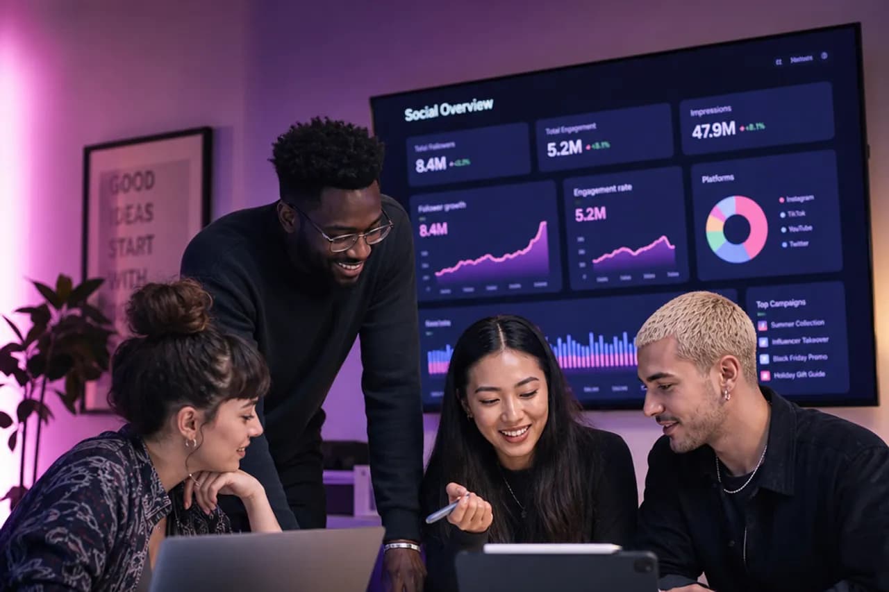Creative agency team collaborating at glowing analytics dashboards
