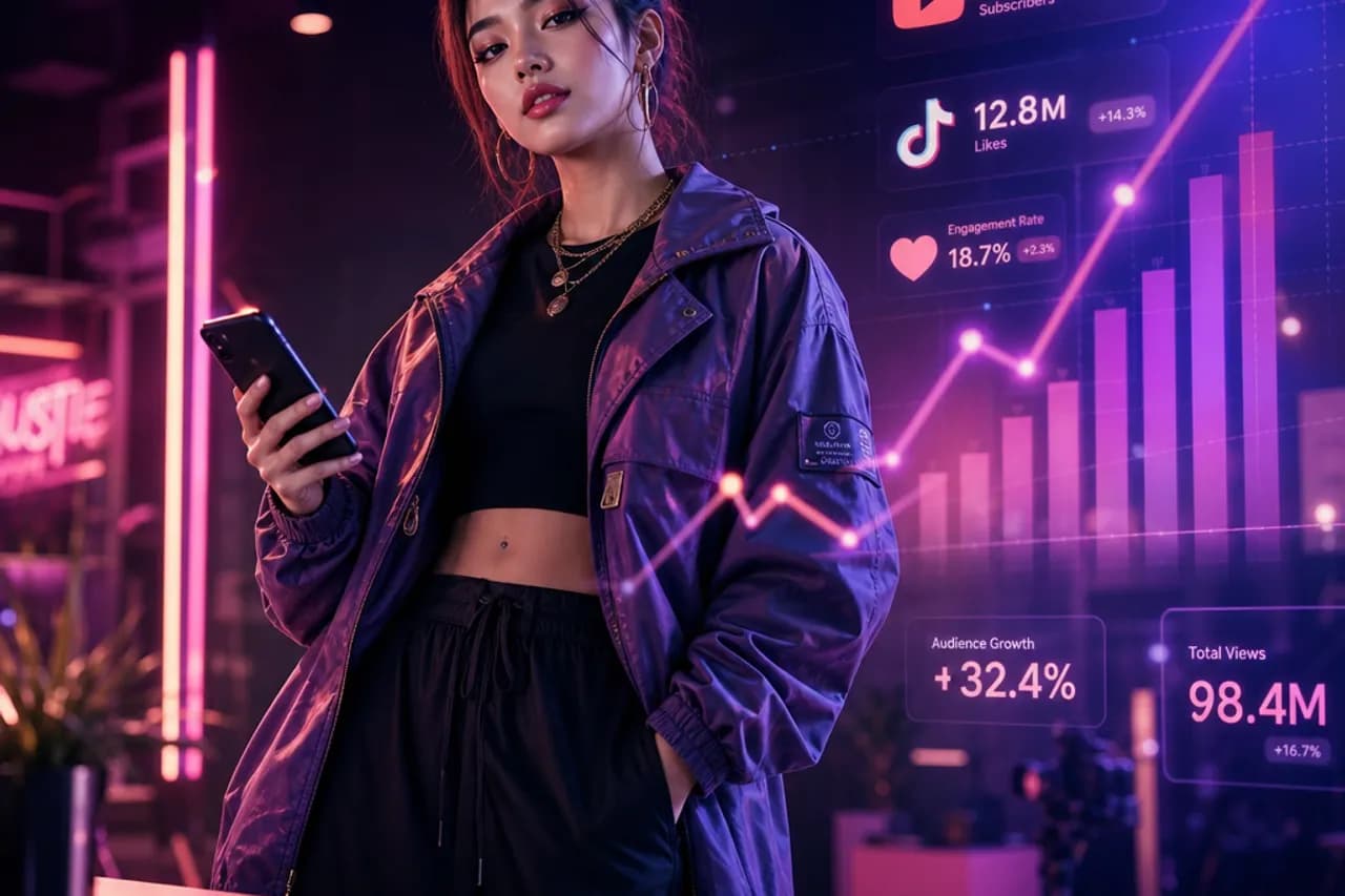 Creator in a violet-neon studio surrounded by floating engagement graphics